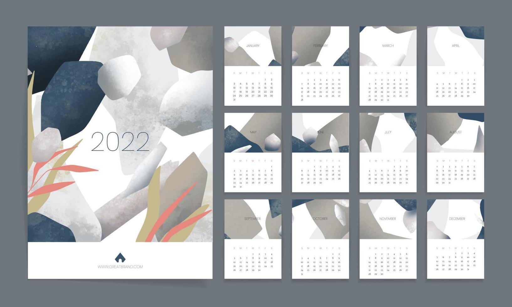 Calendar template, promotional corporate vector design with abstract shapes, 2022