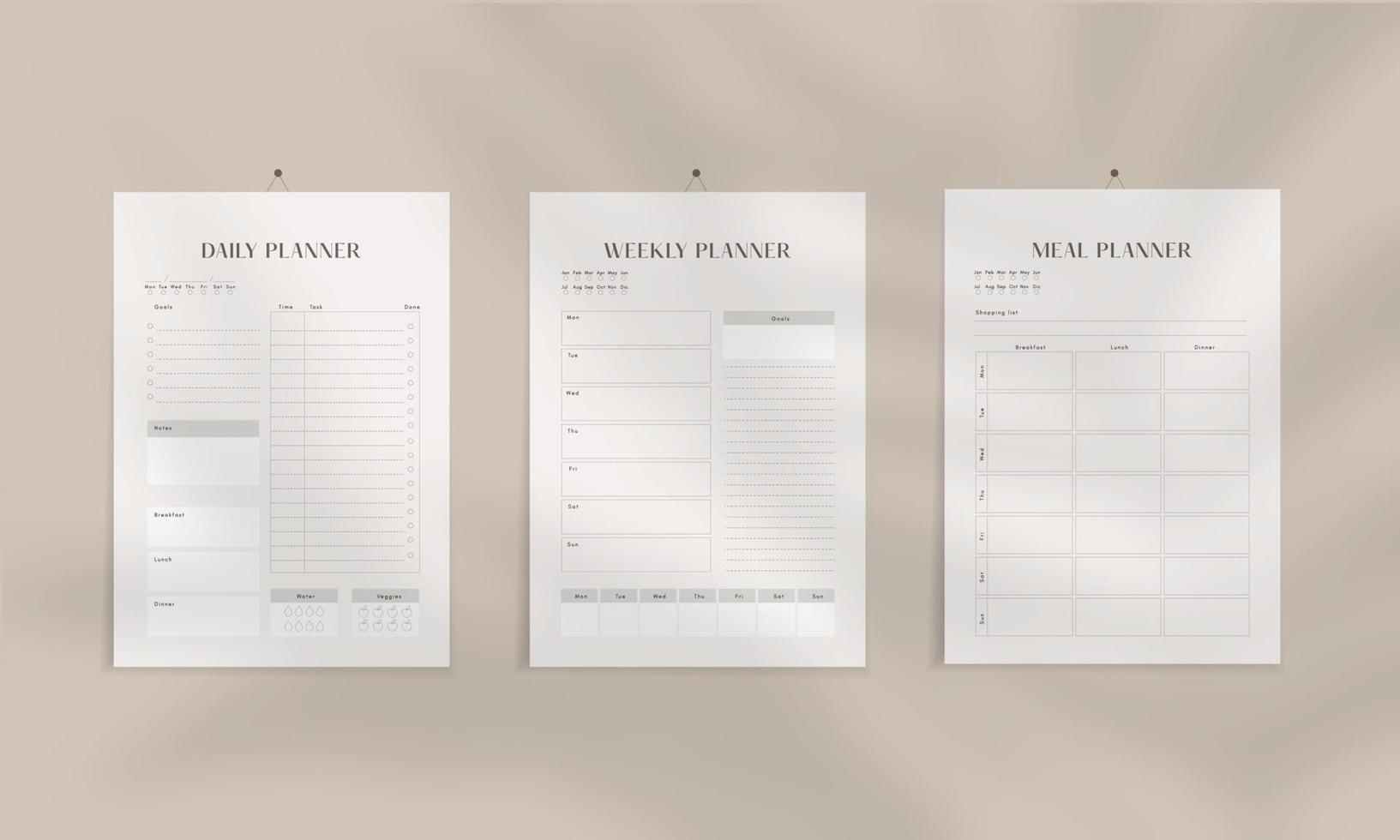 Planner template, vector elements for calendars and organizers, diary pages with habit tracker, weekly planner, year goals, daily tasks