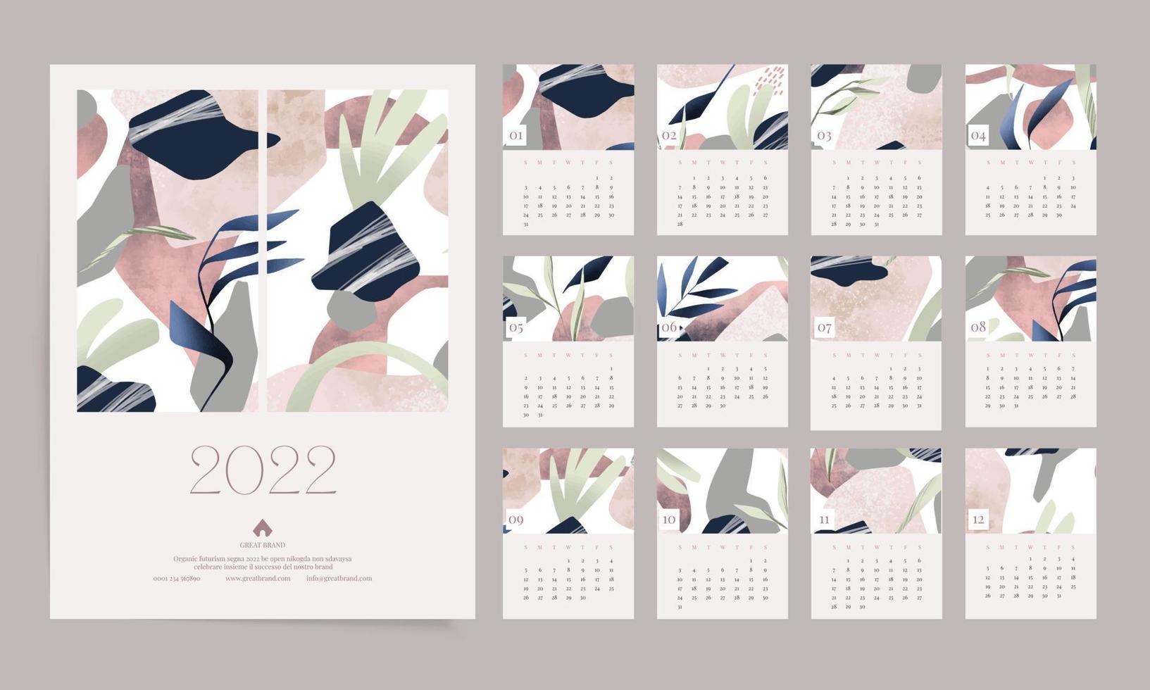 Calendar template, promotional corporate vector design with abstract shapes, 2022