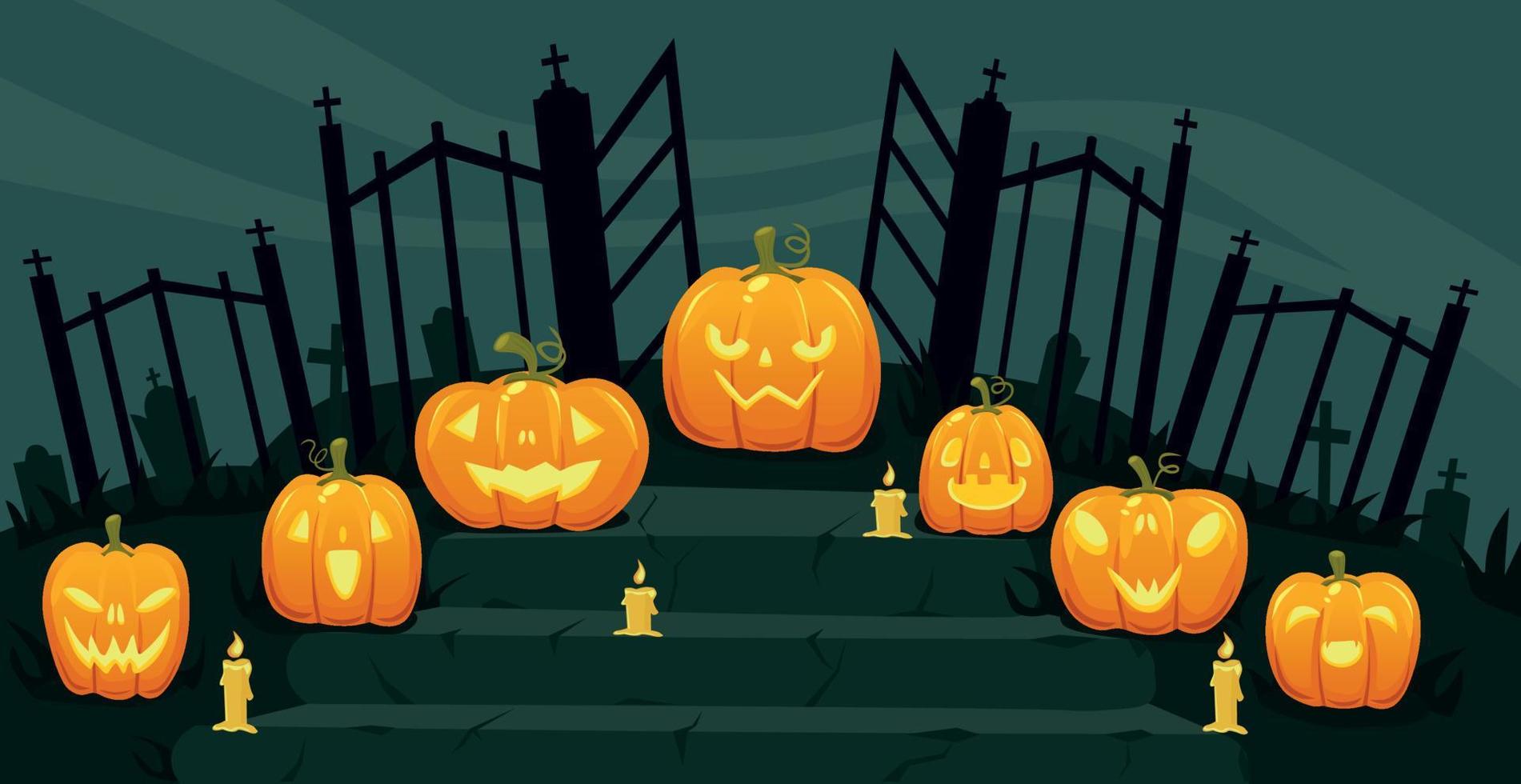 calabazas de vacaciones realistas sobre fondo de luna de halloween - vector