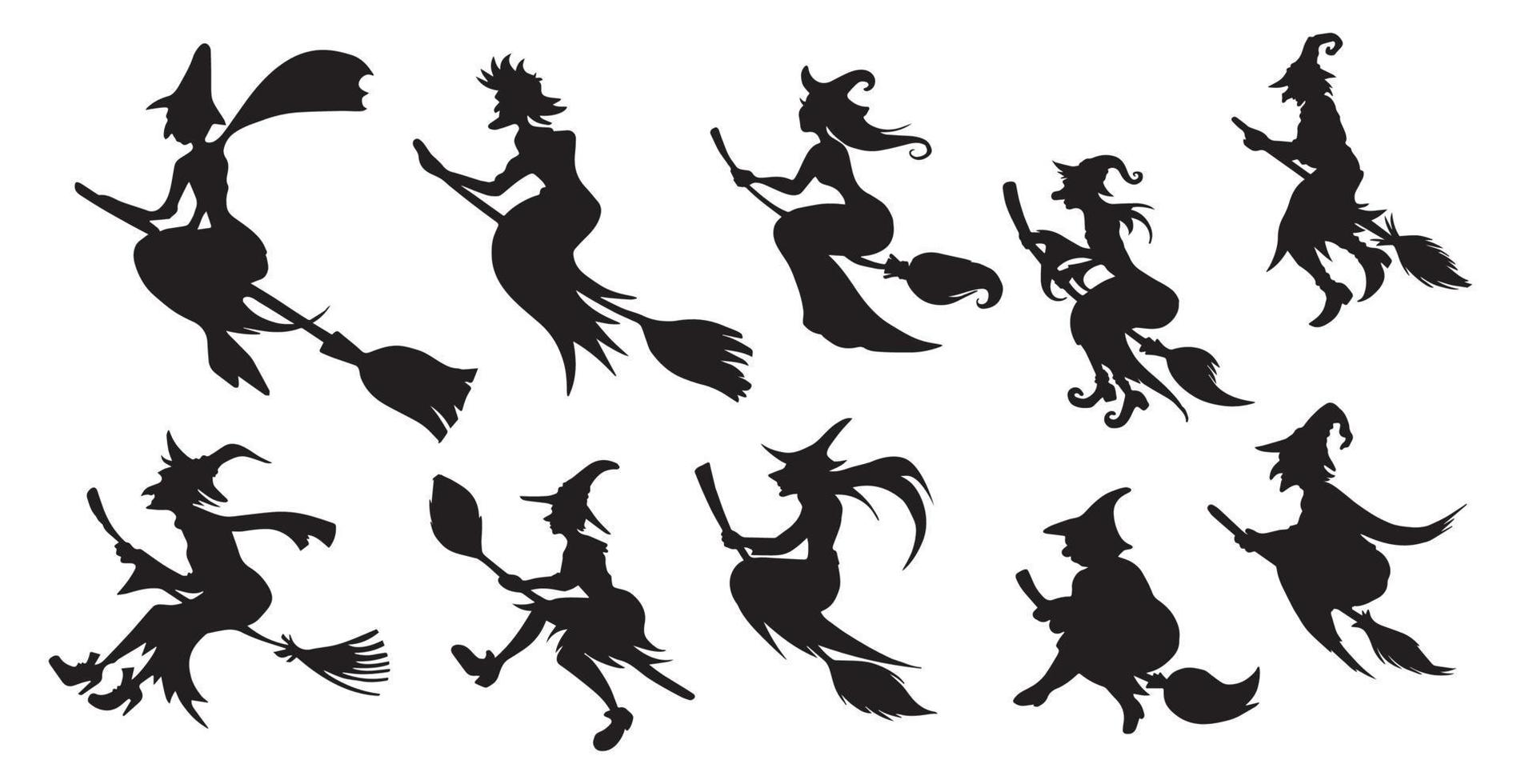 Set of 10 different witches on a Halloween broomstick on a white background - Vector