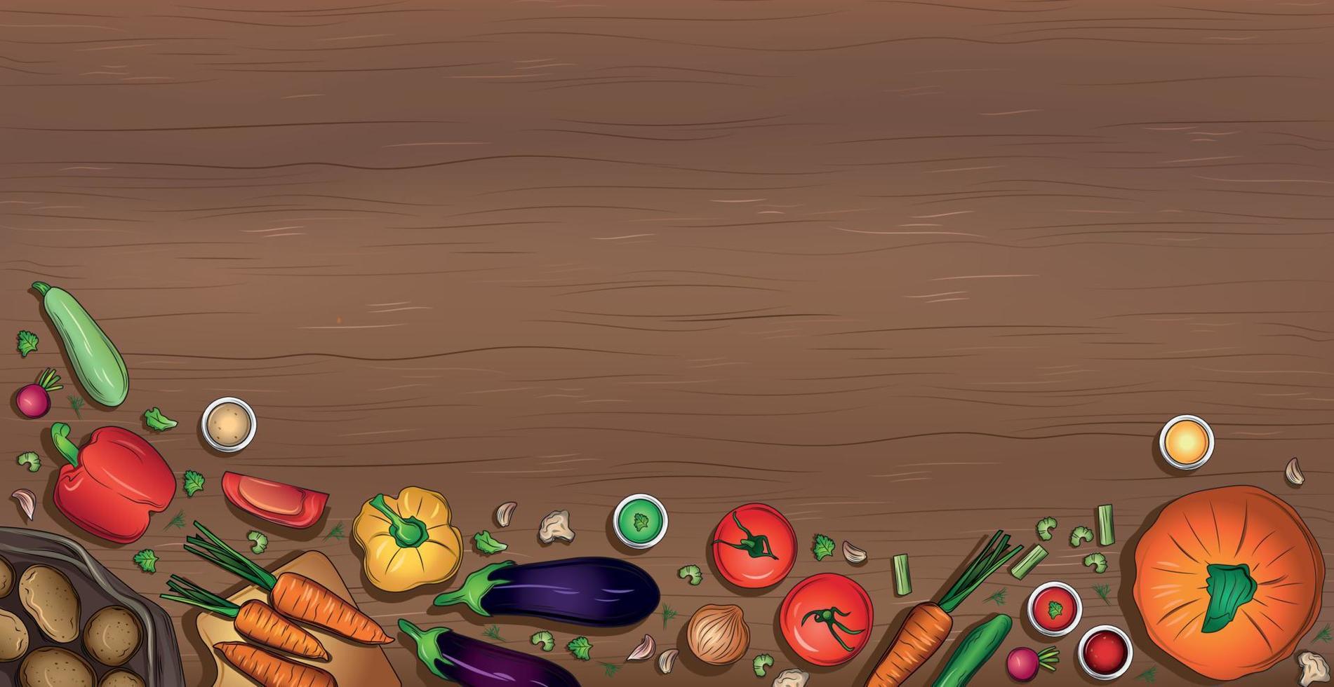 Varias verduras realistas sobre fondo de madera - vector