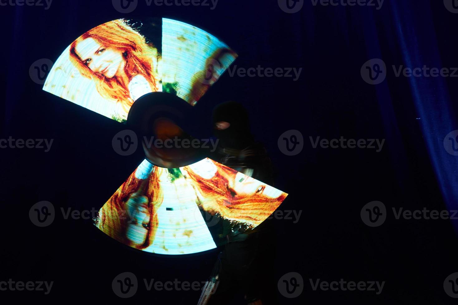 Laser show performance, dancers in led suits with LED lamp, very beautiful night club performance, party photo