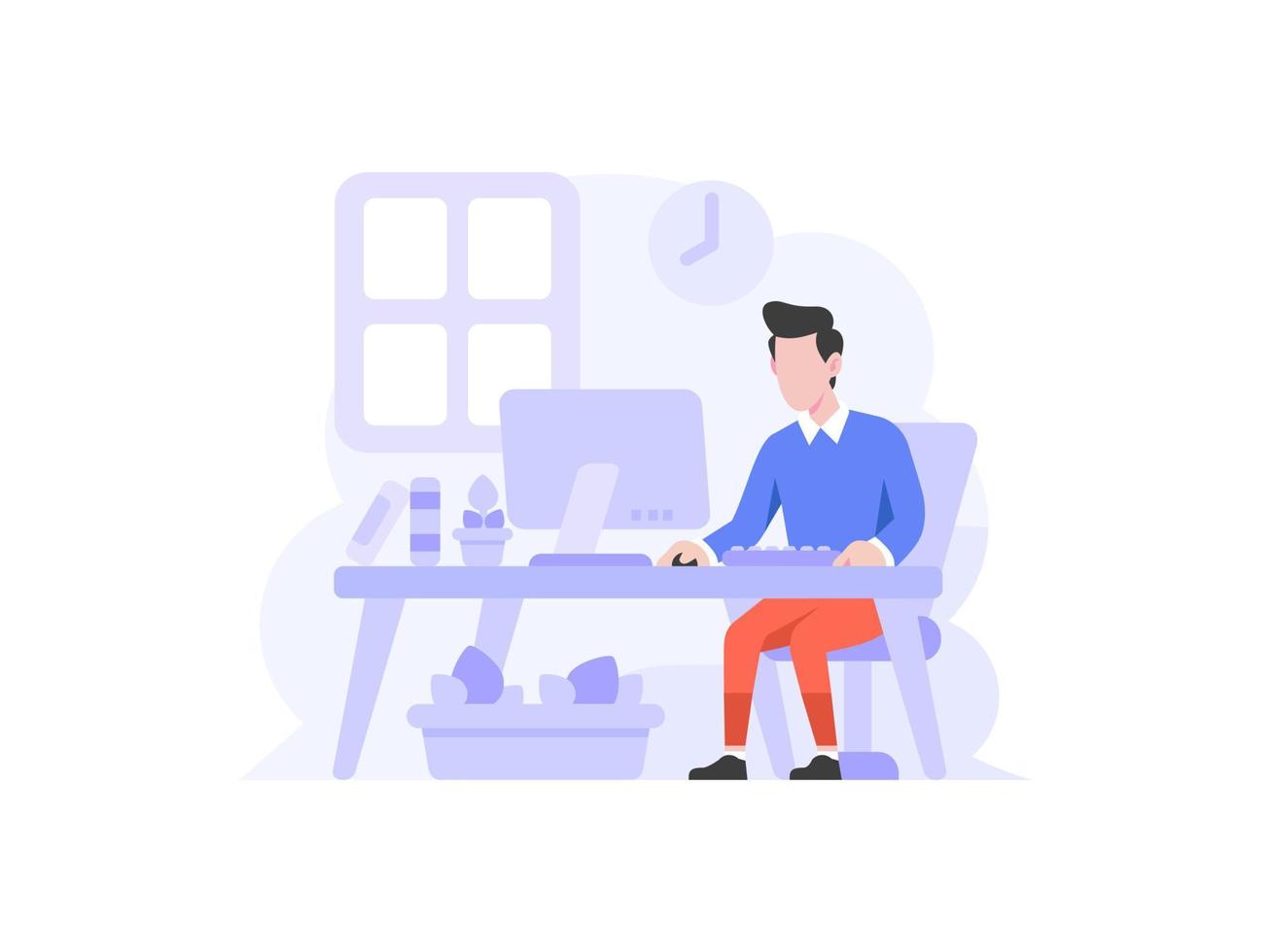 Business finance Man sit and working on laptop computer work hour employee employer people character flat design style Vector Illustration