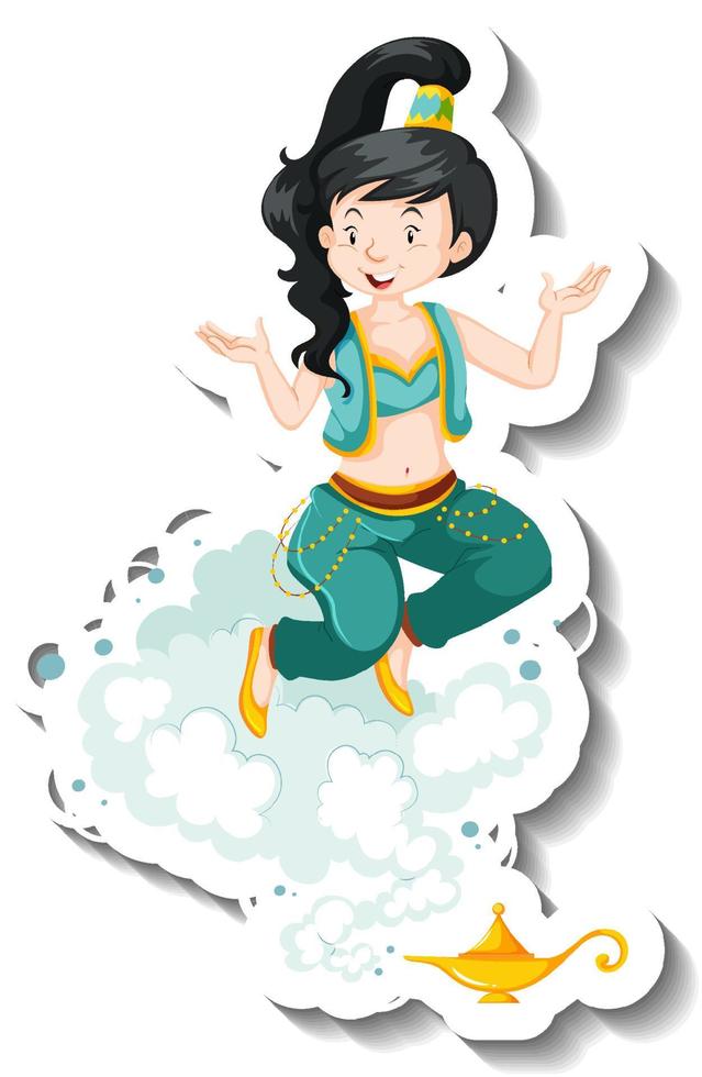 Genie lady coming out of magic lamp cartoon character sticker vector
