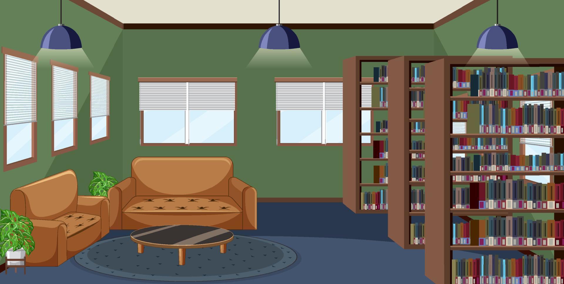 Diseño interior de biblioteca vacía con estanterías. vector