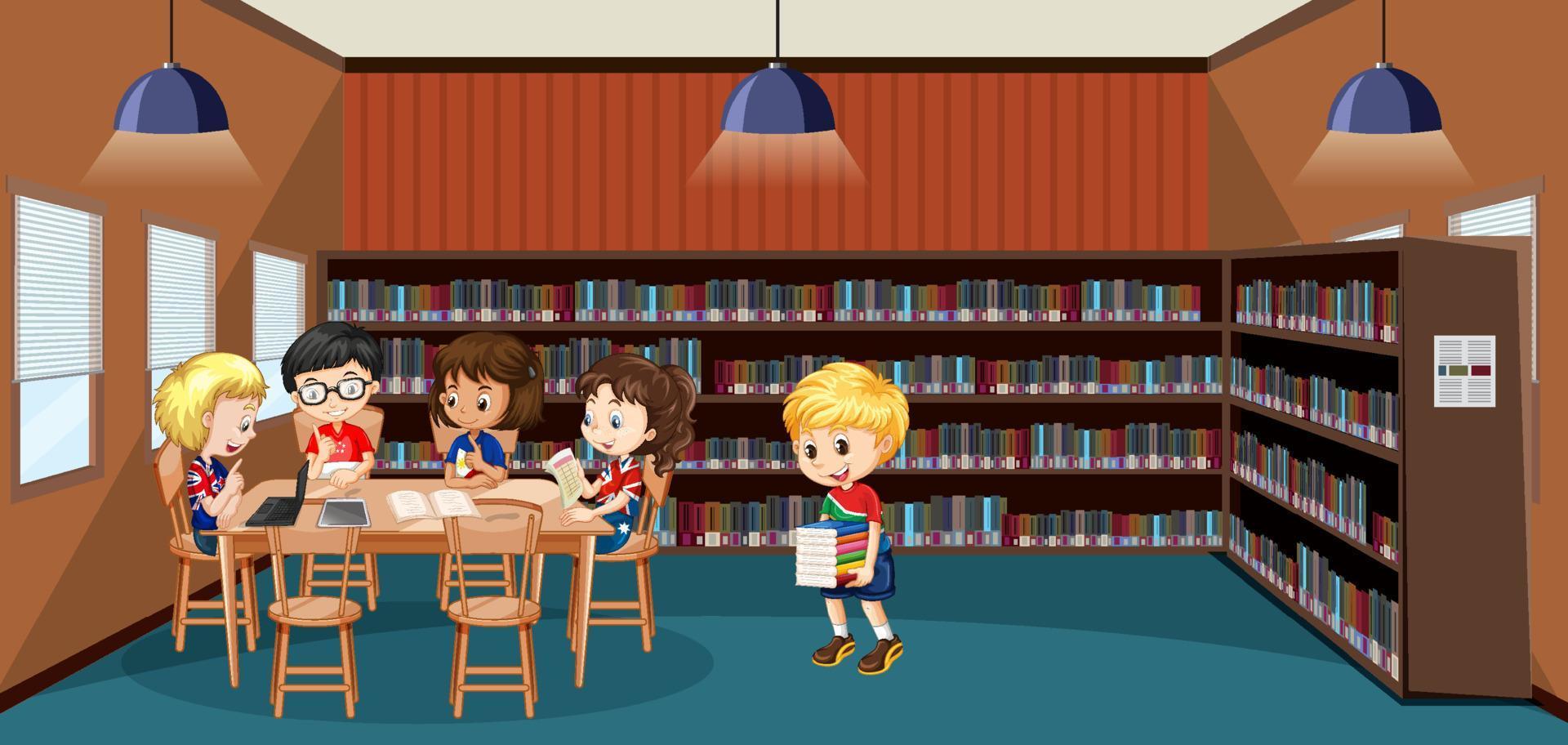 Interior de la biblioteca escolar con grupo de niños. vector
