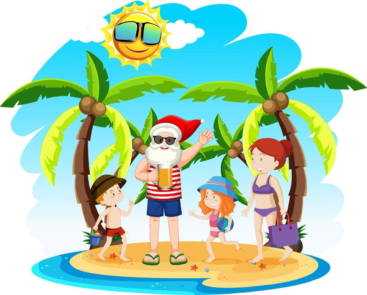 Santa Claus on the beach island with children for Summer Christmas vector