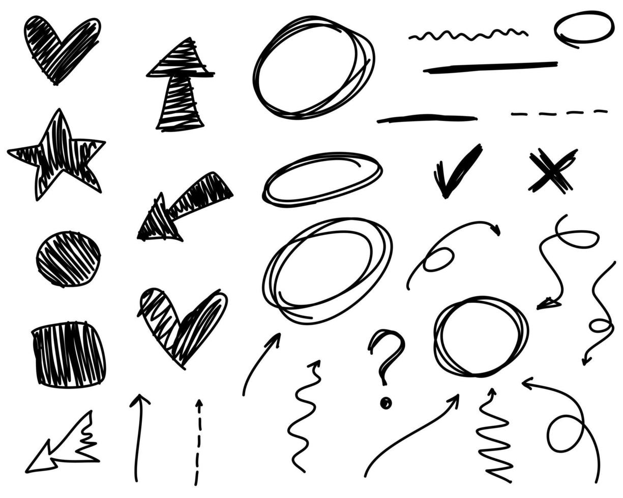 Doodle frame line arrows, hearts, mustache,hand drawn for the office. Sketch set cute isolated collection to do list. vector