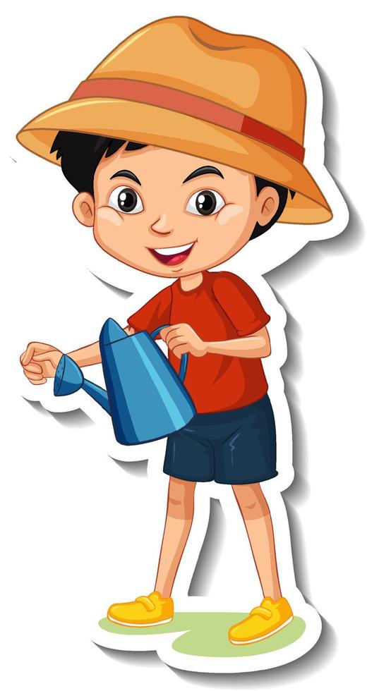 A boy holding watering can cartoon character sticker vector