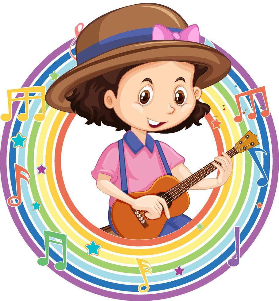 A girl playing guitar in rainbow round frame with melody symbols vector