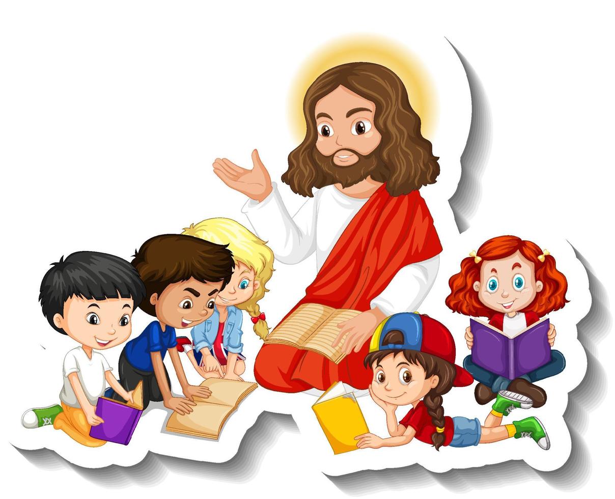 Jesucristo con el grupo de niños pegatina sobre fondo blanco. vector