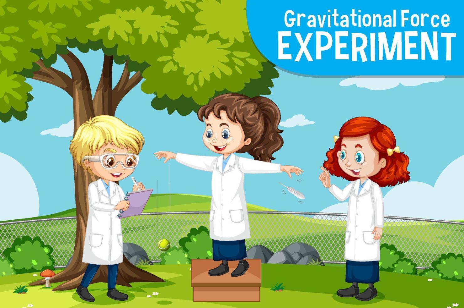 Gravitational force experiment with scientist kids cartoon character vector