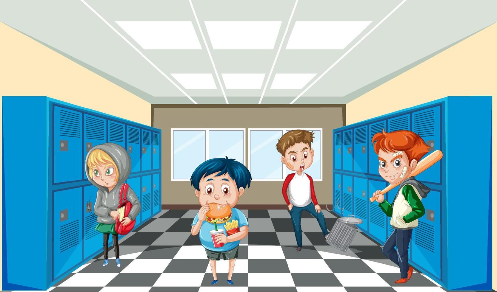 escena escolar con personaje de dibujos animados de estudiantes vector