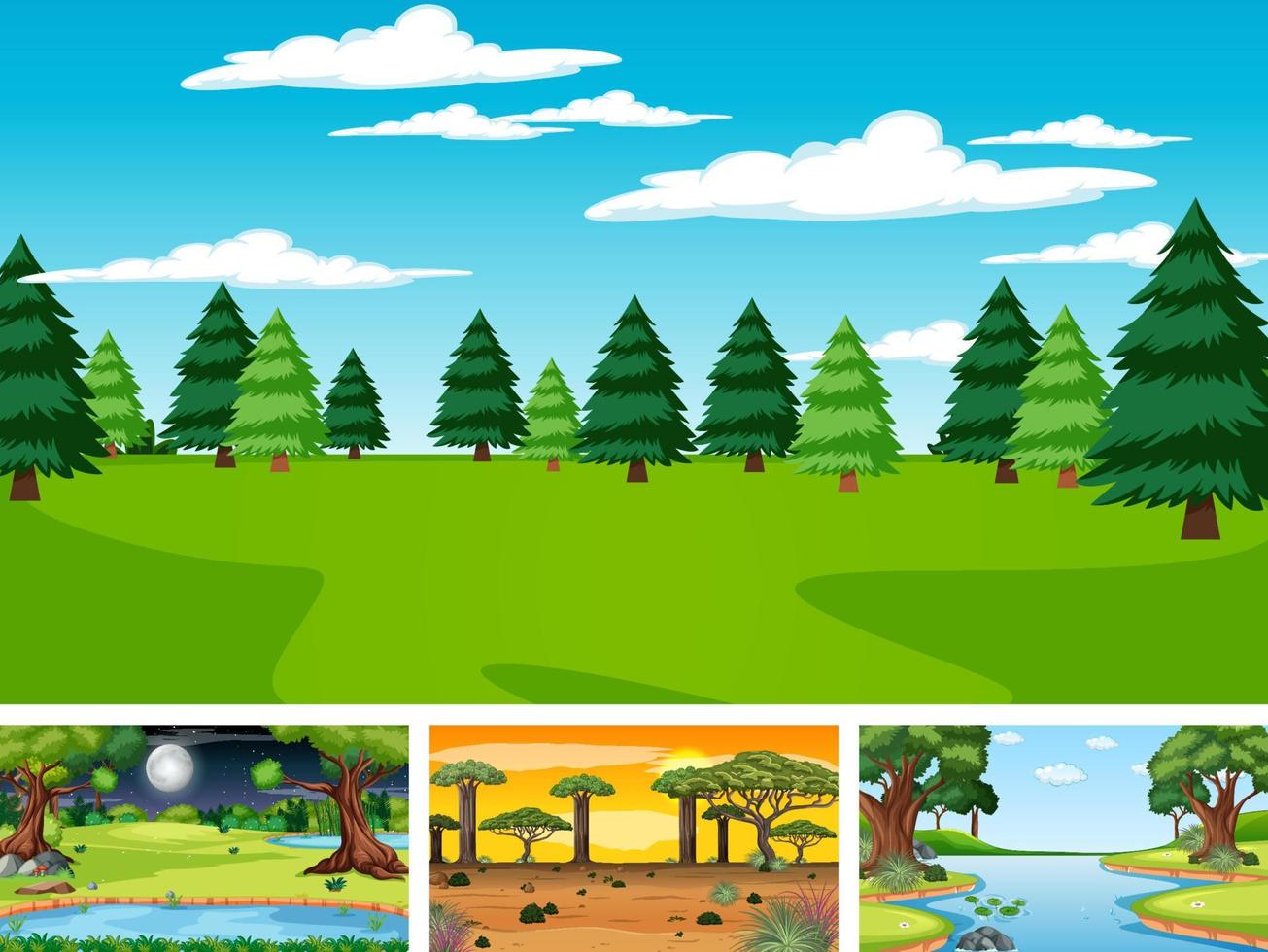 cuatro escenas diferentes de parque natural y bosque. vector