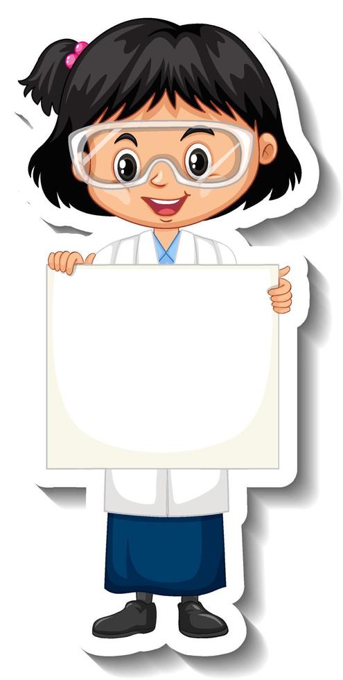 Scientist girl holding empty board cartoon character sticker vector