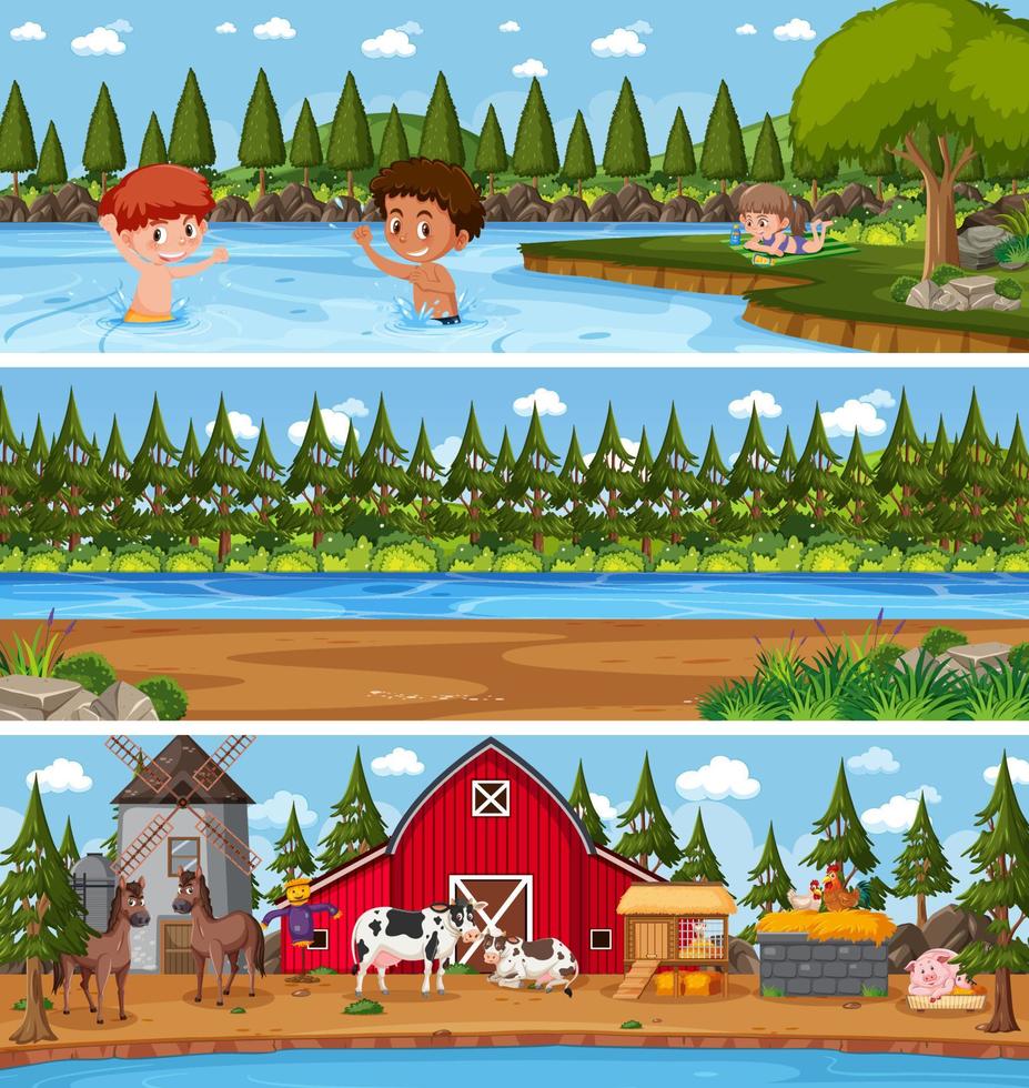 Different nature landscape at daytime scene with cartoon character vector