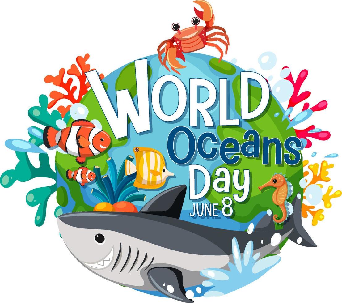 banner del día mundial del océano con personaje de dibujos animados de animales mar vector