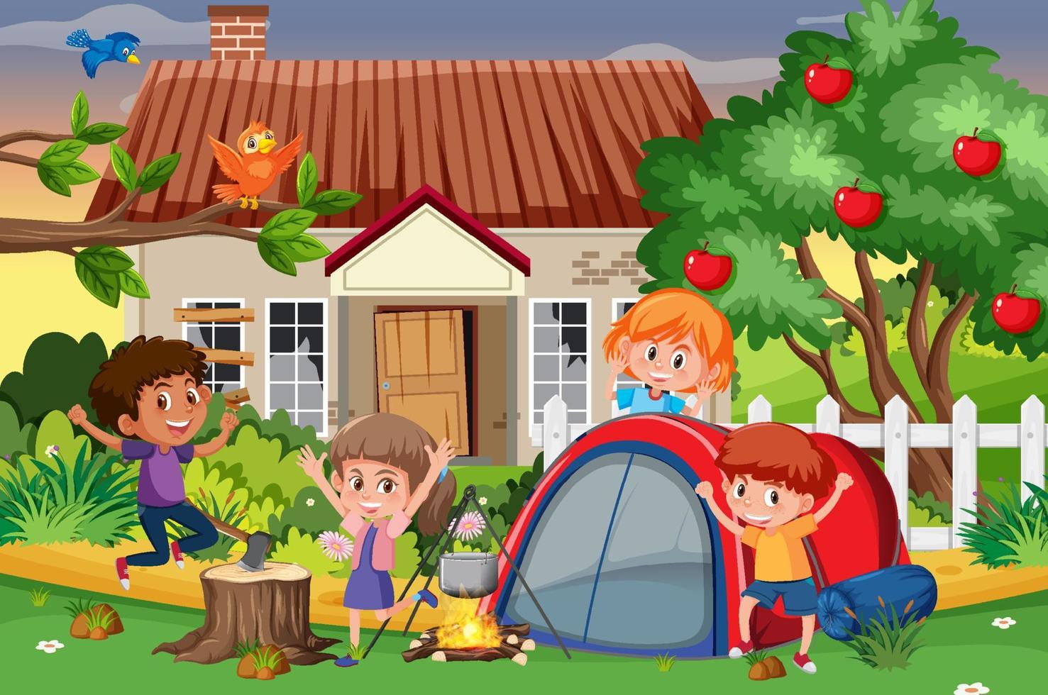 Children camping in the wood vector