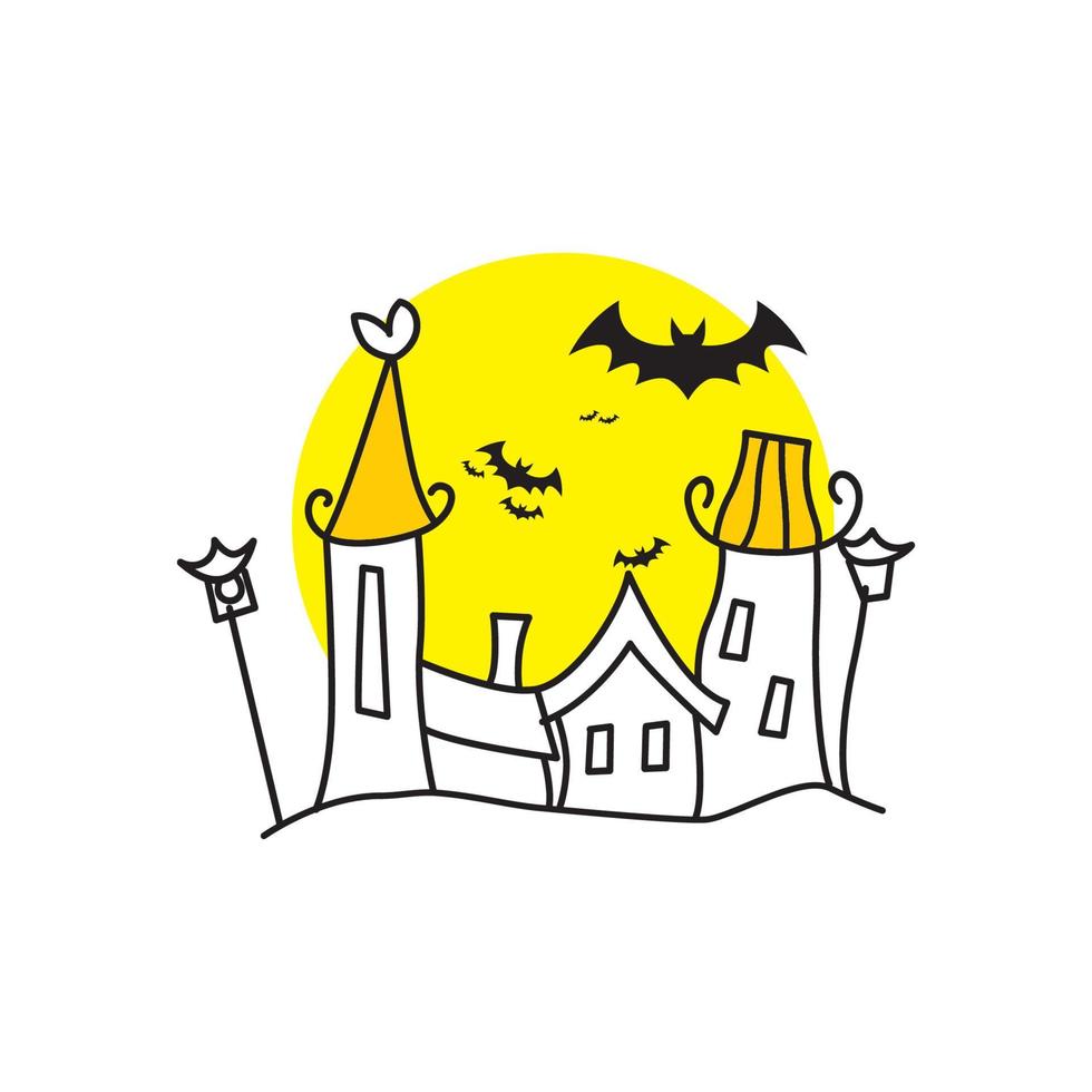 Old scary house with glow windows at night. Vector cartoon landscape with spooky wooden mansion, broken fence, dark silhouettes of trees and moon in sky. Halloween creepy illustration of witch house