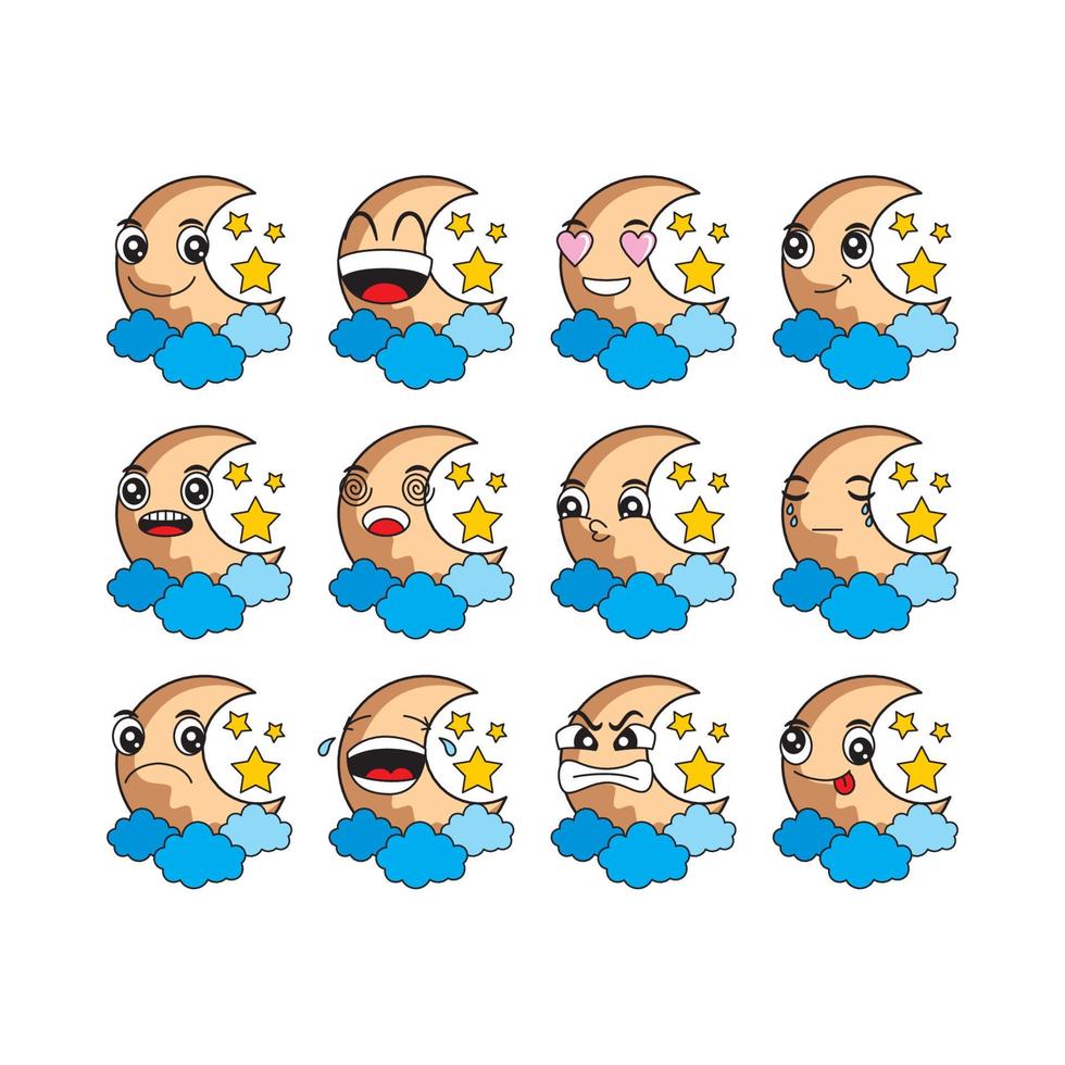 vector illustration of a crescent moon covered in clouds with a happy and funny facial expression
