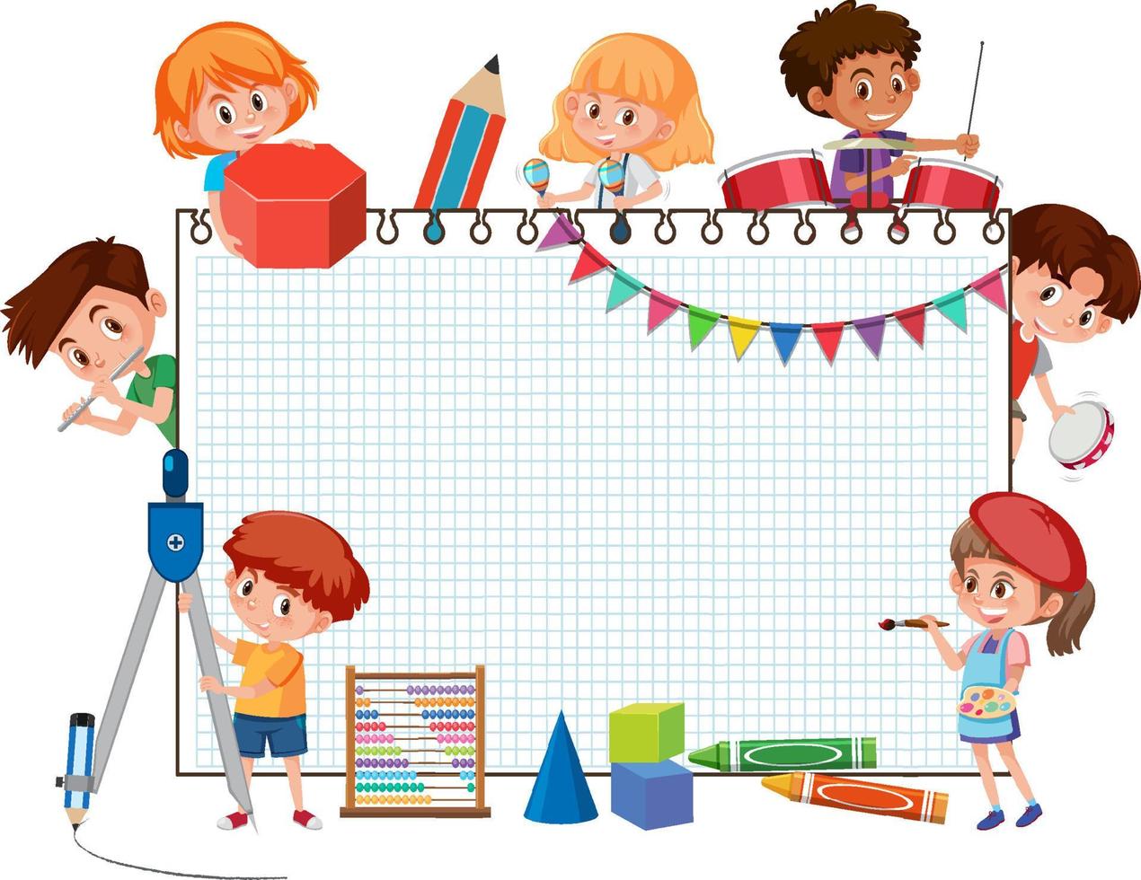 Banner vacío con personaje de dibujos animados de niños de escuela vector