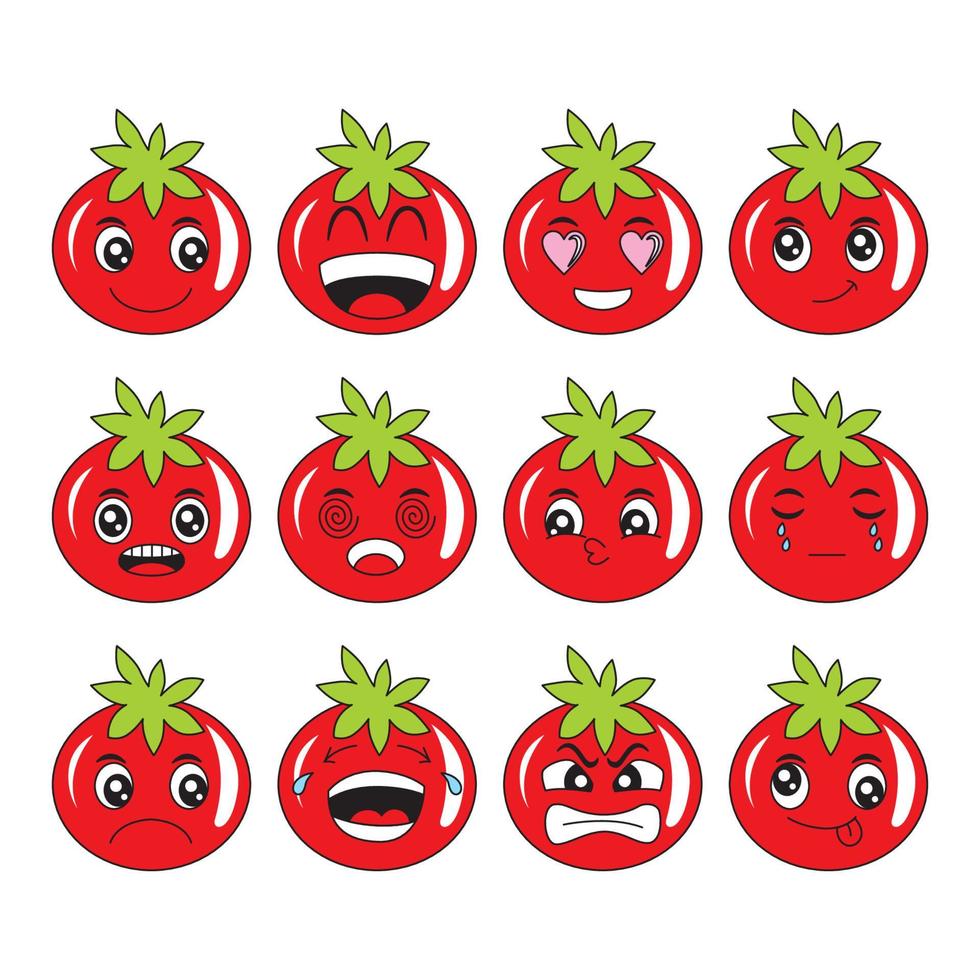 Ilustración de vector de dibujos animados de tomate con expresiones faciales felices y divertidas