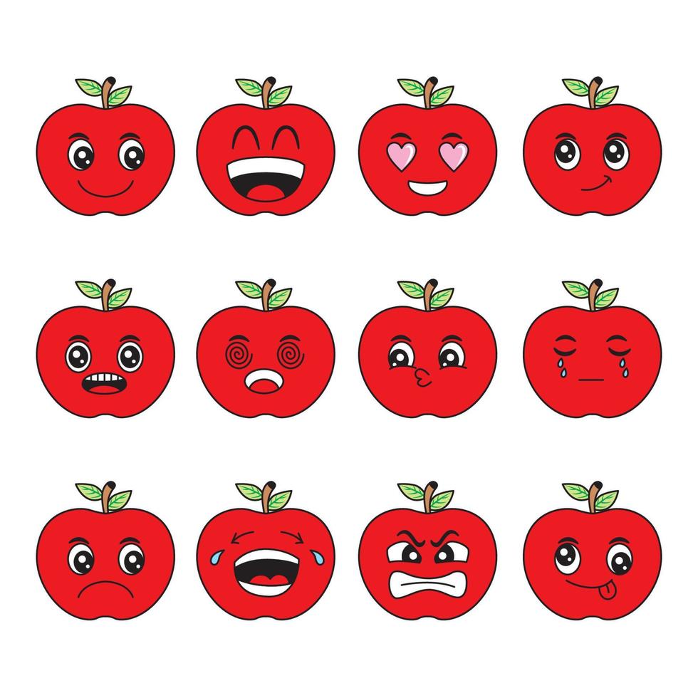 Ilustración de vector de dibujos animados de manzana con expresión facial feliz y divertida
