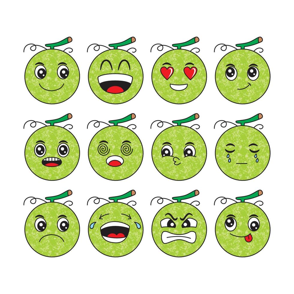 Ilustración de vector de dibujos animados de melón con expresión facial feliz y divertida