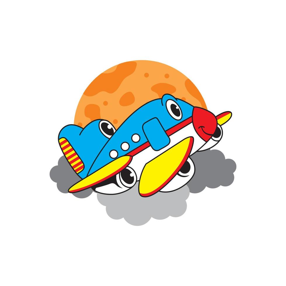 cartoon airplane flying high looking at the moon vector illustration