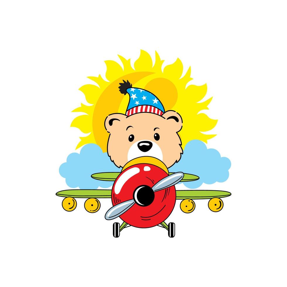 cartoon bear riding an airplane during the day vector illustration