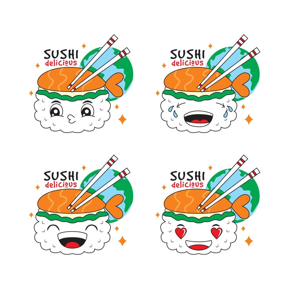 sushi de dibujos animados con expresiones faciales divertidas vector