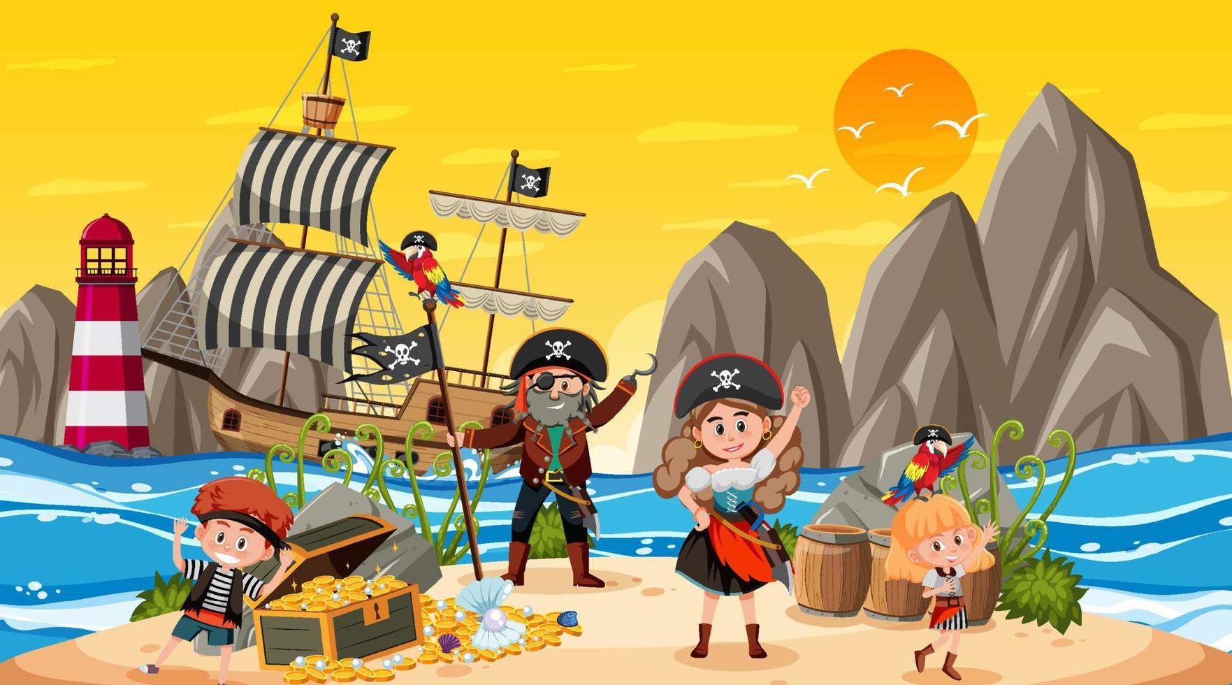 escena de la isla del tesoro al atardecer con niños piratas vector