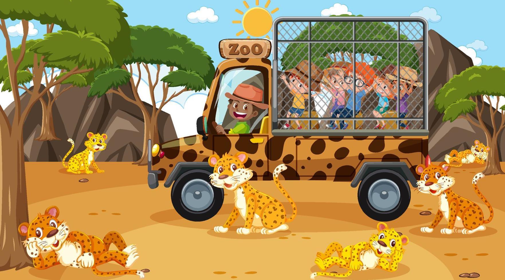 Safari at day time scene with many kids watching leopard group vector