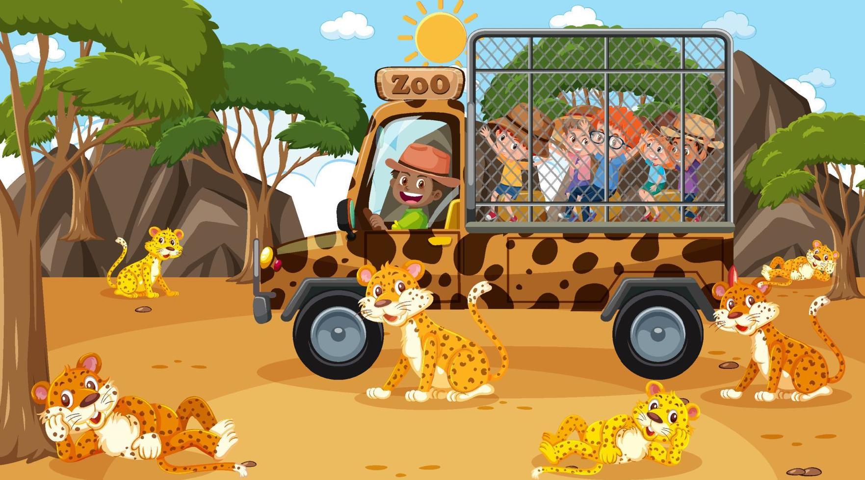 Safari en la escena diurna con muchos niños viendo un grupo de leopardos. vector