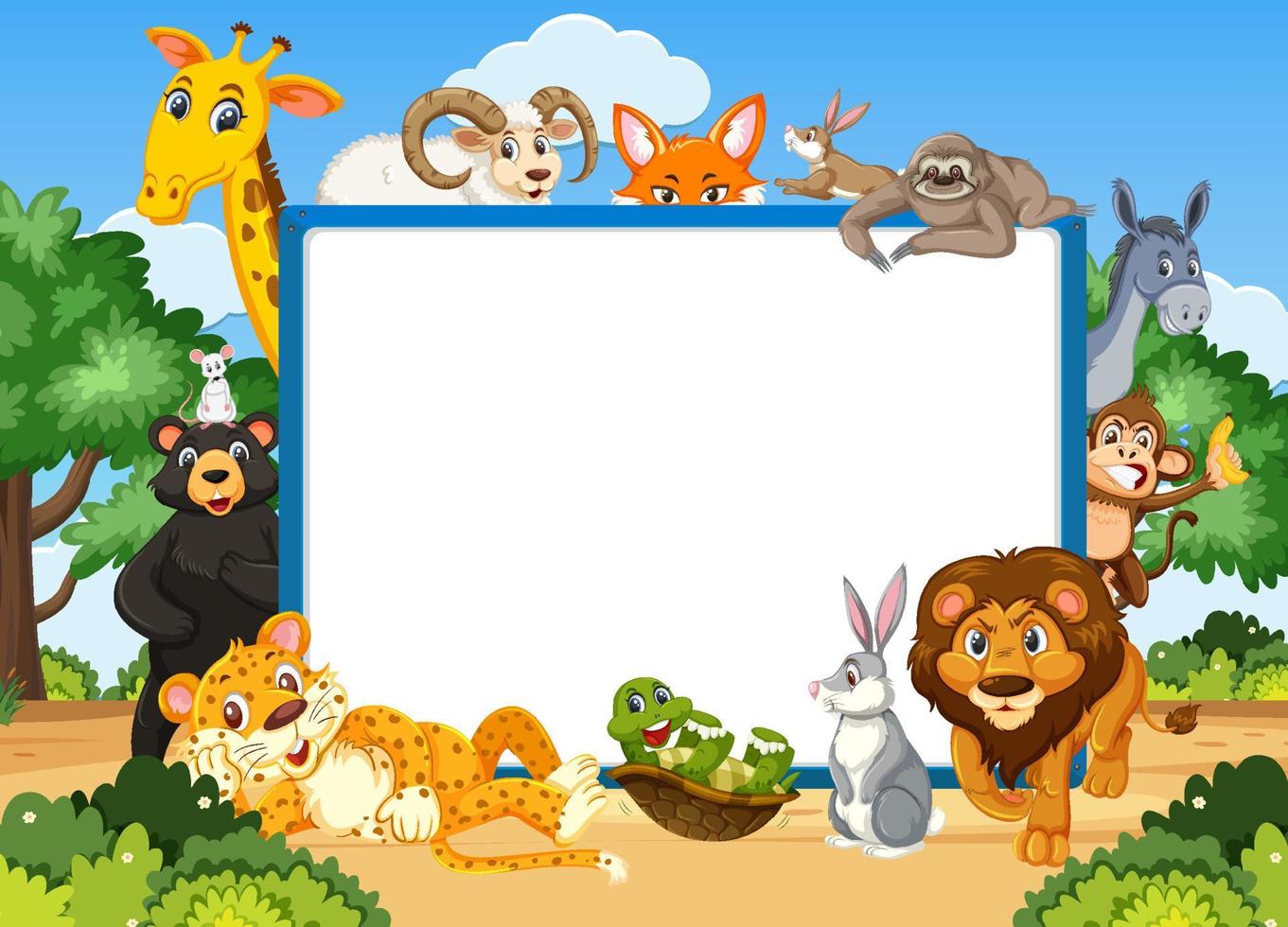 Empty banner with various wild animals in the forest vector