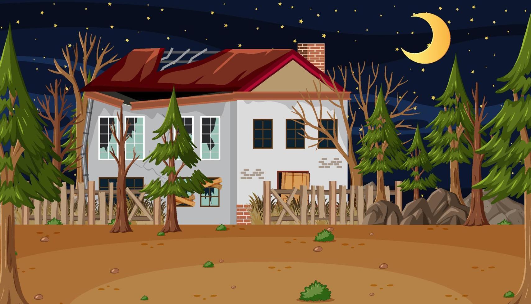 escena con casa abandonada en el bosque oscuro vector