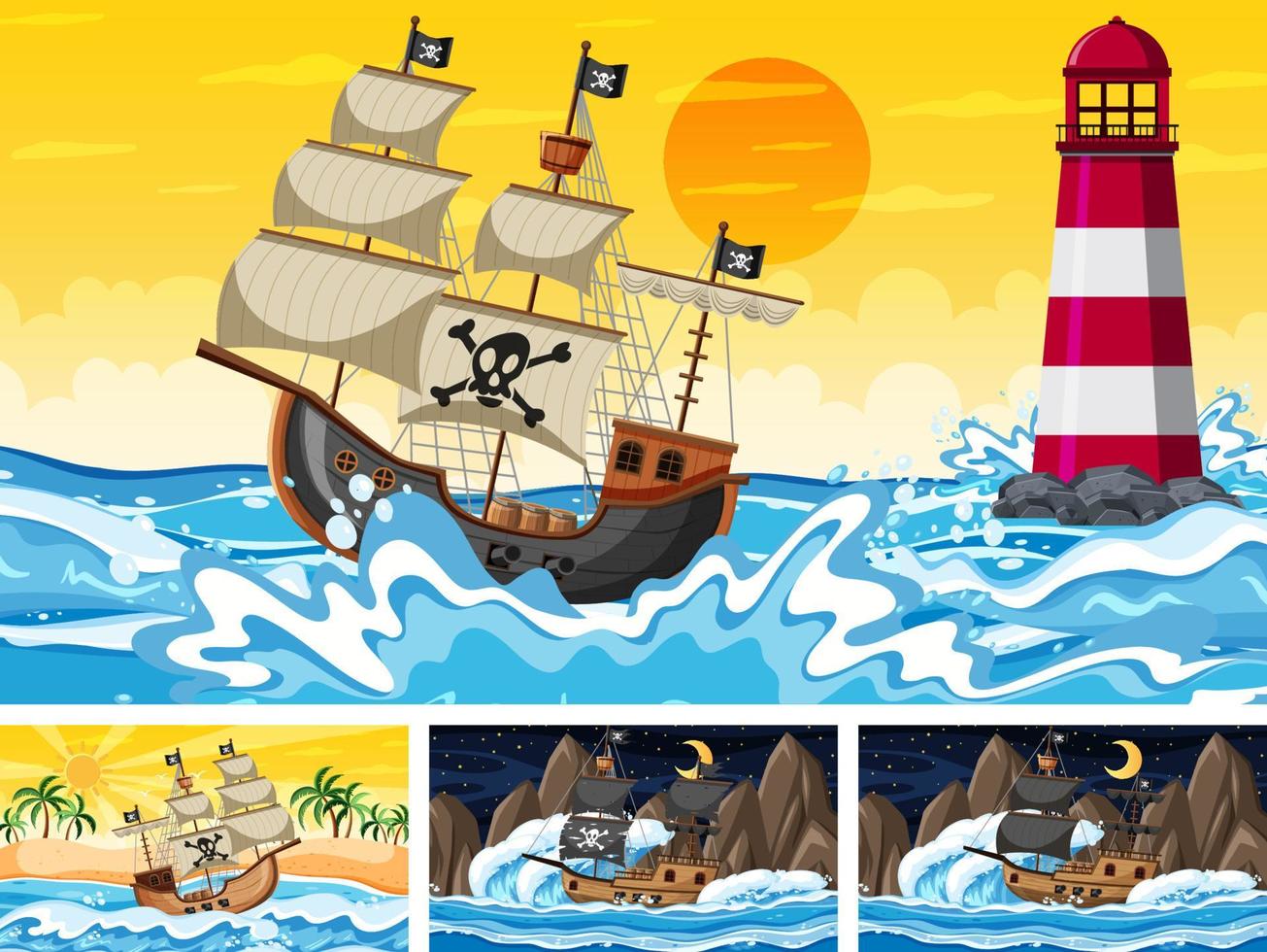 conjunto de océano con barco pirata en diferentes momentos escenas en estilo de dibujos animados vector