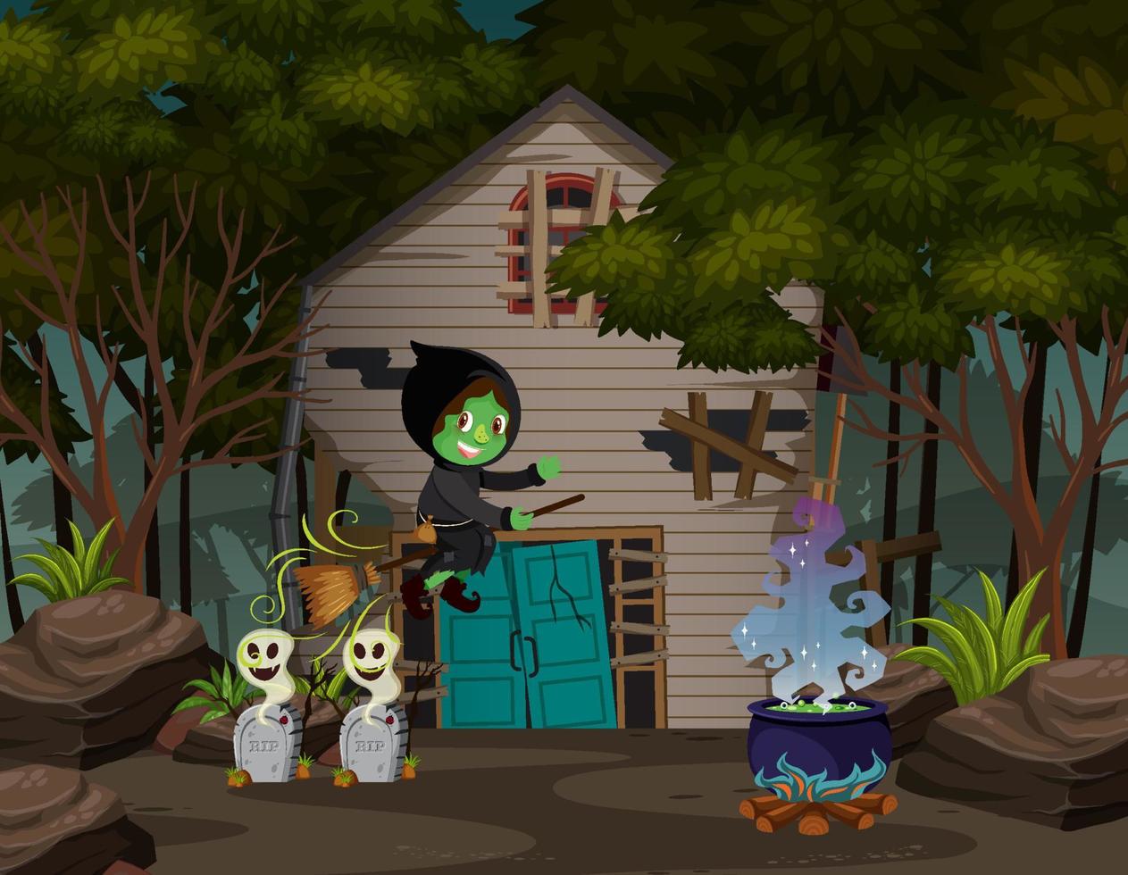 Witch riding a broom in front of haunted house in the woods vector