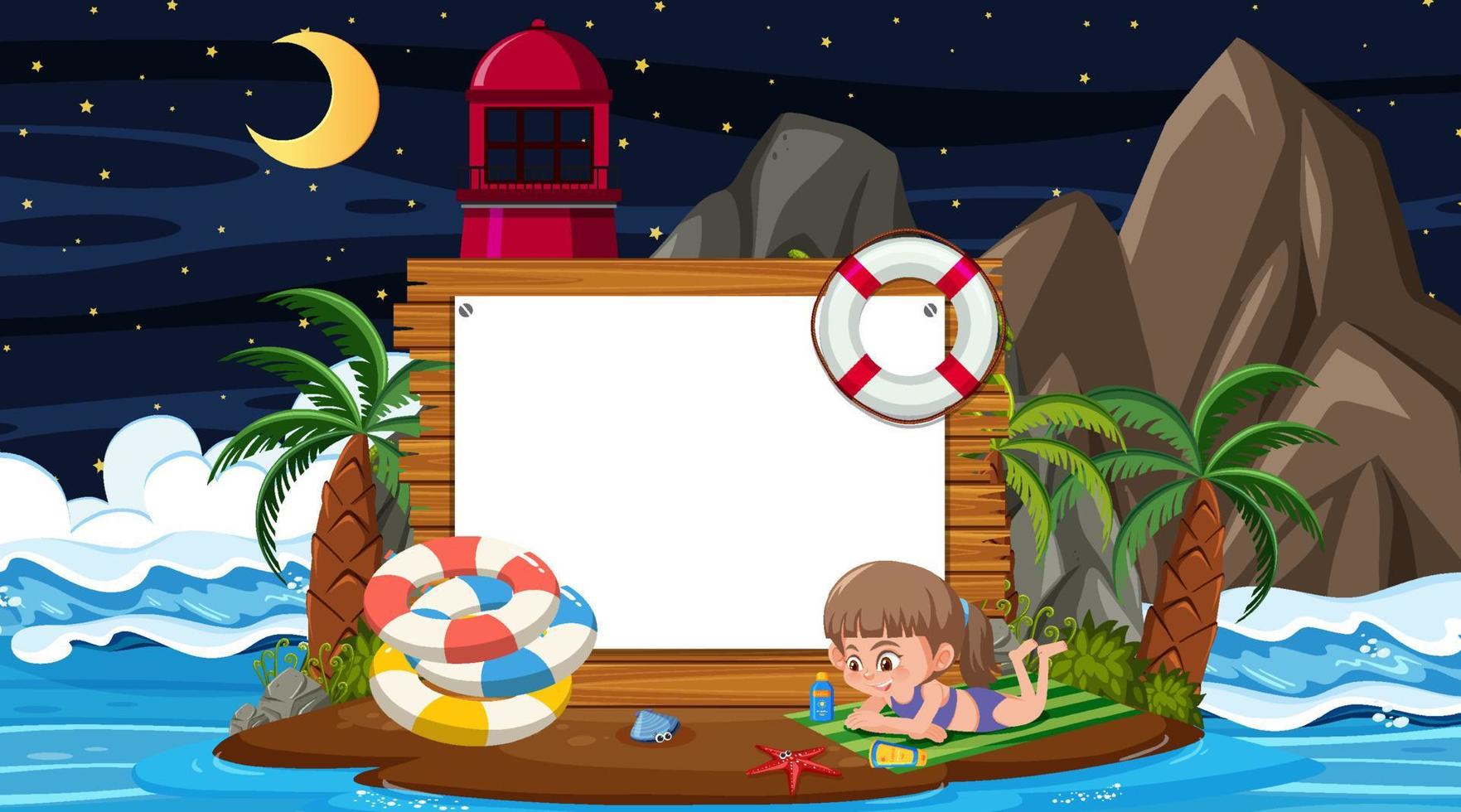 Kids on vacation at the beach night scene with an empty banner template vector