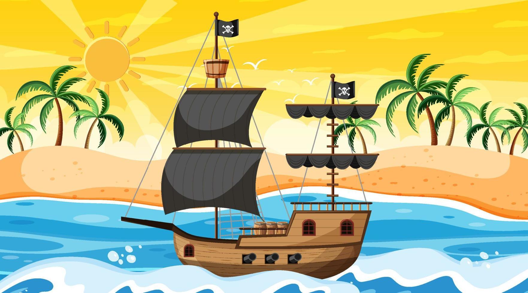 Océano con barco pirata en la escena del atardecer en estilo de dibujos animados vector