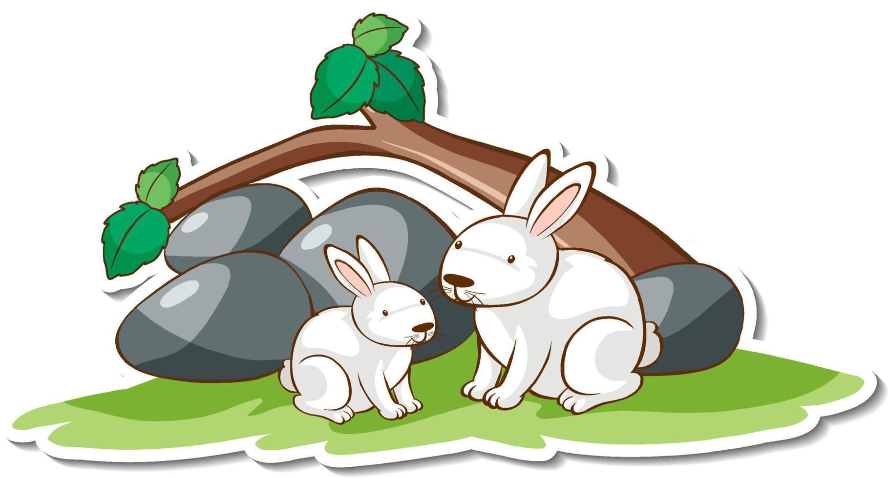 Dos conejos blancos con pegatina de elemento de la naturaleza. vector