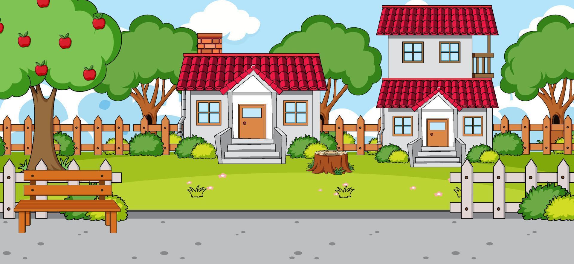 Outdoor scene with front of many houses along the road vector