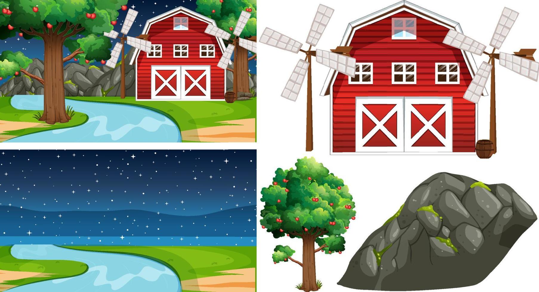 Farm element set isolated with farm scene vector