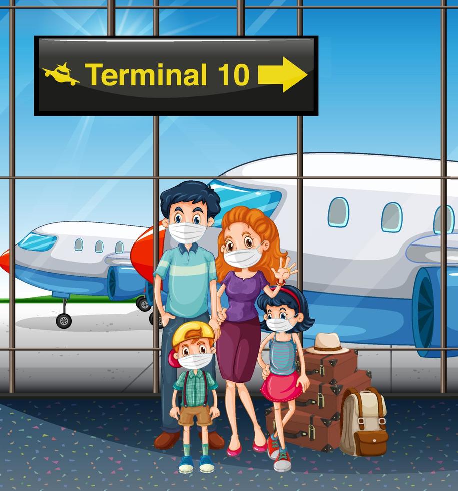 nueva vida normal con familia feliz lista para viajar en el aeropuerto vector