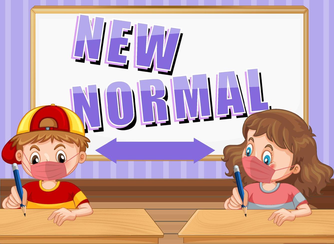 New Normal with students keeping social distancing in the classroom vector