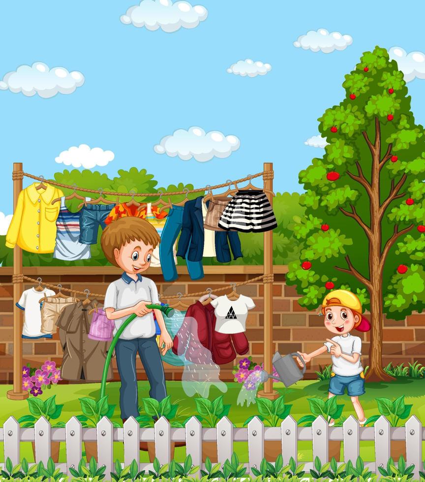 Outdoor scene with father and his son watering plant in the garden vector