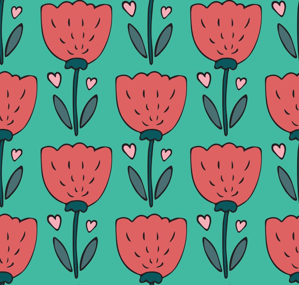 Cute seamless pattern with hand drawn tulip flower, heart doodle. Sweet childish bright spring background, textile, wallpaper vector