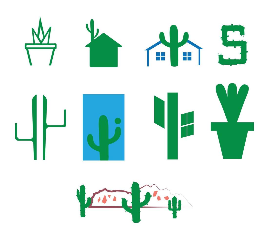 set of green cactus icons isolated on white background vector