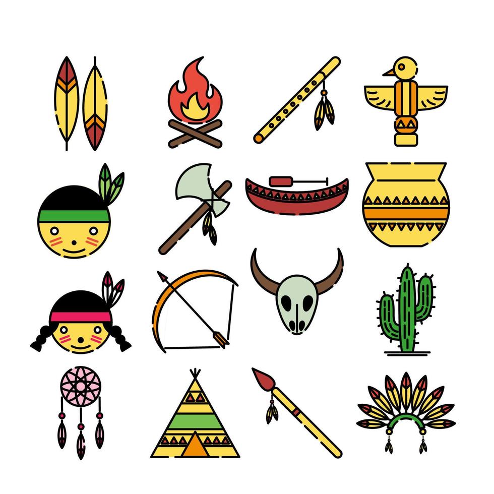 Icon set vector graphic of American native. Icon in colorful flat line style.